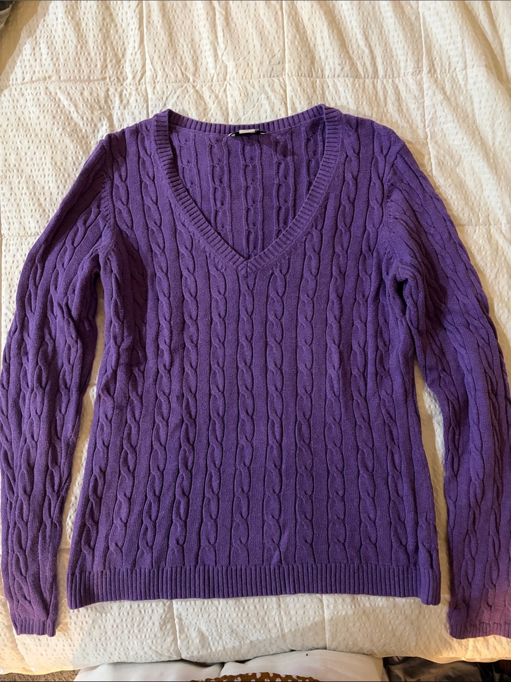 LOFT Purple Cable-Knit V-Neck Sweater
